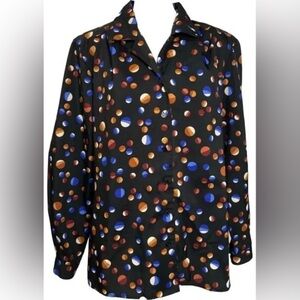 Vintage L E-Street Black, Blue, & Tan Polka Dot Button Down Blouse